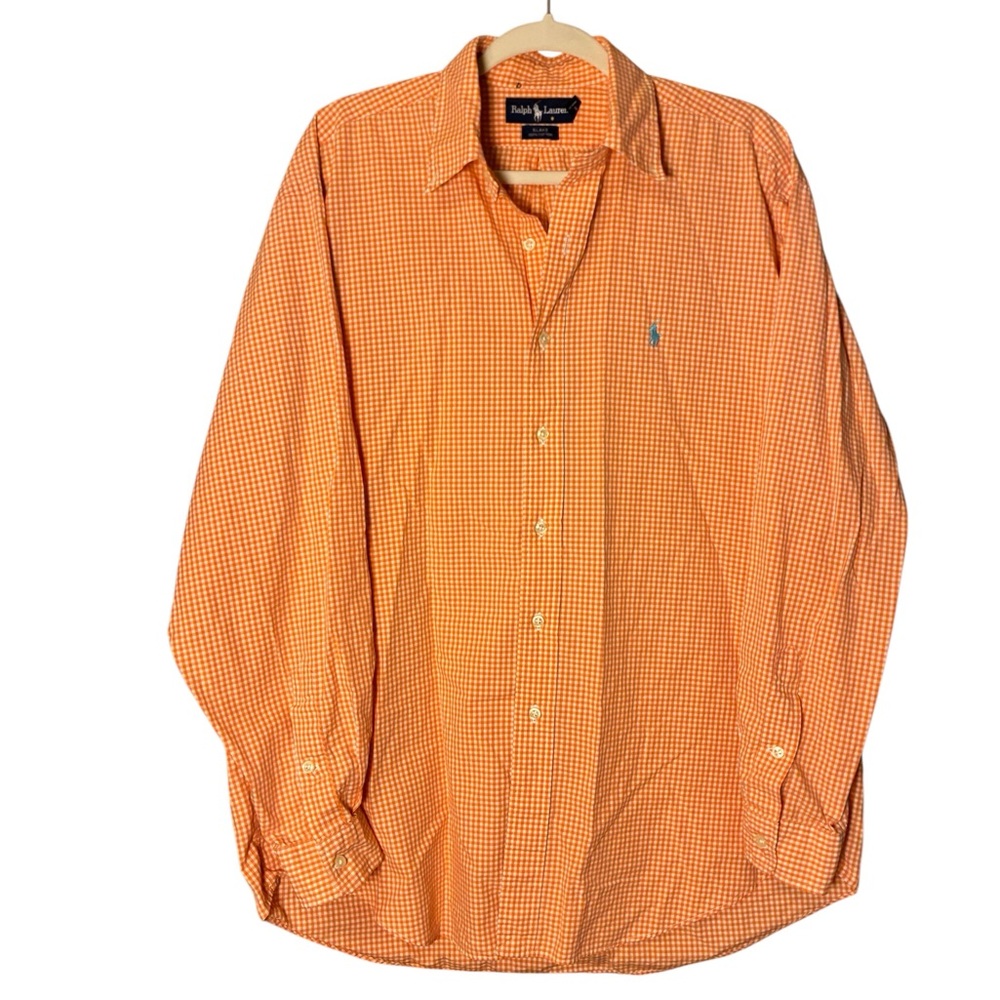 Ralph Lauren Mens Button Up Shirt Blake 100% Cotton Gingham Orange Large Spring